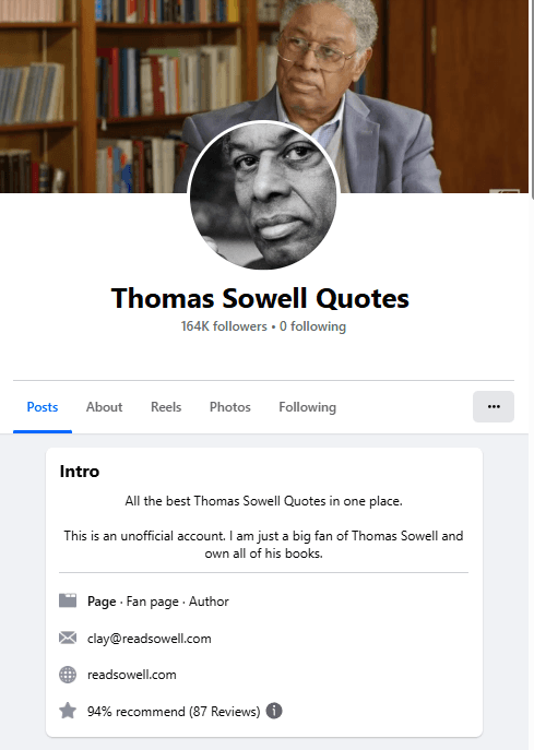 Thomas Sowell Quotes Facebook page, 165K followers